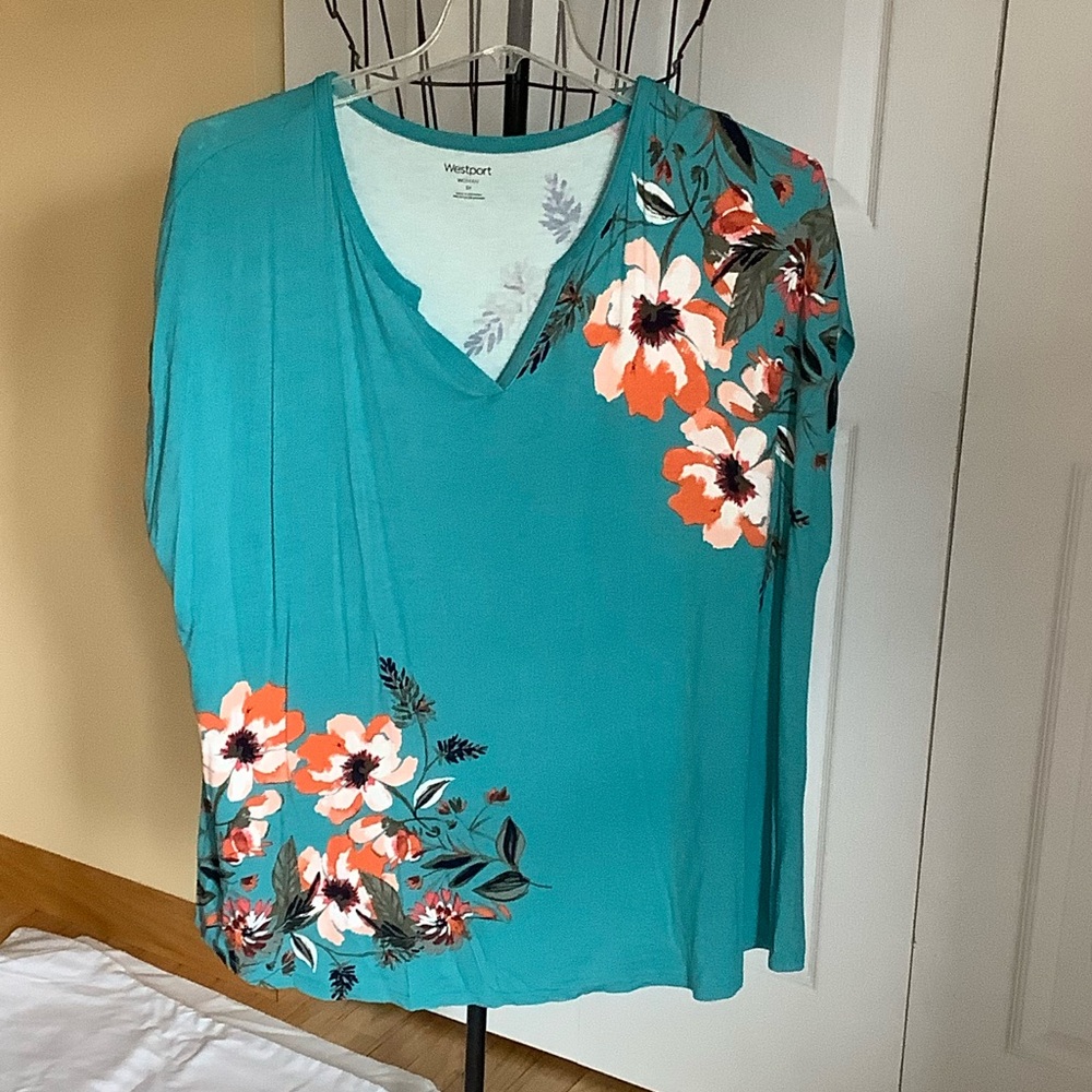 Westport Teal Floral V-Neck Blouse. Comfortable and lightweight.